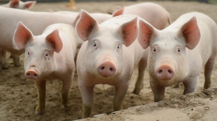 Three pigs standing in a dirt field. One of the pigs has a black nose