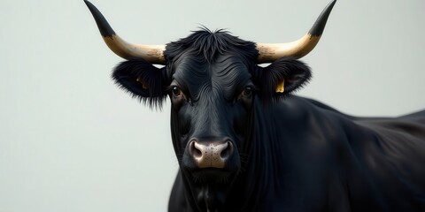 Naklejka premium A Majestic Black Bull with Strikingly Curved Horns, a Symbol of Strength and Power, Gazing Directly at the Camera