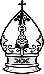 Ornate Bishop Mitre Vector with Cross – Traditional Black and White Religious Headwear Illustration