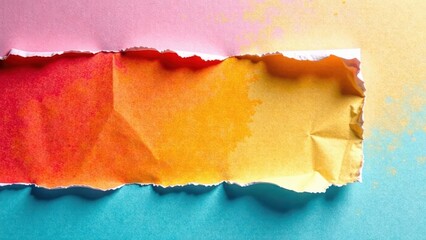 Fototapeta premium Vibrant Hues Unveiled A Torn Piece of Watercolor Paper Reveals a Spectrum of Warm and Cool Colors, Displaying a Striking Contrast Between Textured Surfaces and Smooth Transitions