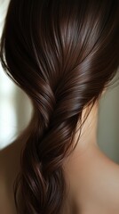 Naklejka premium Beautiful model girl with Brown hair strand,silky healthy chestnut wavy hair strand,hair wavy ribbon, with smooth,Keratin straightening,Treatment,straight long hair,procedures,Smooth hairstyle.