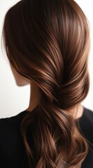 Naklejka premium Beautiful model girl with Brown hair strand,silky healthy chestnut wavy hair strand,hair wavy ribbon, with smooth,Keratin straightening,Treatment,straight long hair,procedures,Smooth hairstyle.