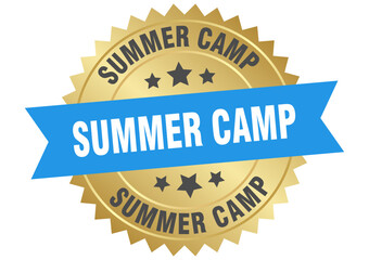 summer camp. summer camp round blue and gold label isolated on transparent background