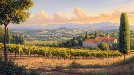 Naklejka premium Tuscan vineyard landscape at sunset