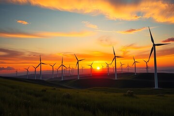 Fototapeta premium Wind Farm Landscape at Vibrant Sunset