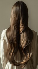 Fototapeta premium Beautiful model girl with Brown hair strand,silky healthy chestnut wavy hair strand,hair wavy ribbon, with smooth,Keratin straightening,Treatment,straight long hair,procedures,Smooth hairstyle.