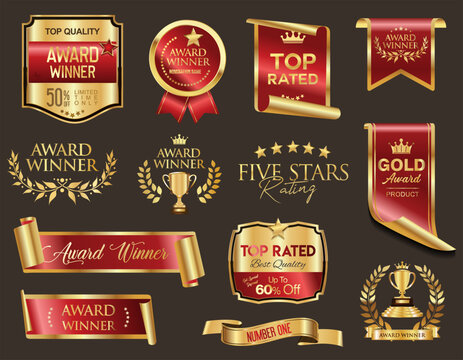 Top rated and award winner gold and red badge and emblem collection stock illustration 