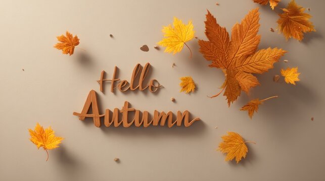 Autumnal greeting with falling leaves.  A warm welcome to autumn