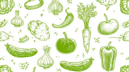 Green ink   various fruits and vegetables colorful seamless pattern with various vegetables icons on a green and white background