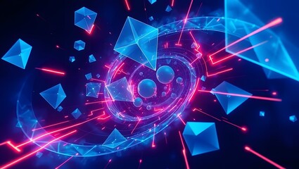 Glowing 3D Geometric Crystals in a Neon Sci-Fi Tunnel – Futuristic Abstract Digital Background