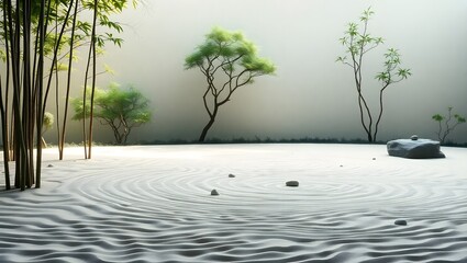 Peaceful Zen Garden with Bamboo Trees, Raked Sand, Smooth Stones, and Bonsai in Minimalist Courtyard Setting
