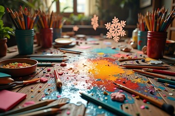 Artists colorful tabletop crafting chaos