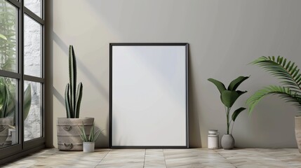 Blank Frame Mockup in Sunny Room with Plants