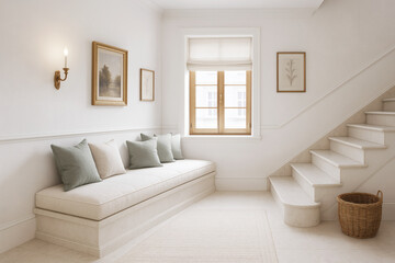 Elegant Classical Living Room with Marble Staircase and Sage Green Accents