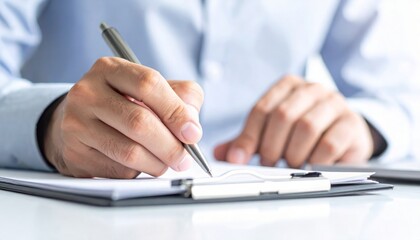 Fototapeta premium Close up of a businessman signing a document on a clipboard with a pen in hand, showcasing paperwork and office work