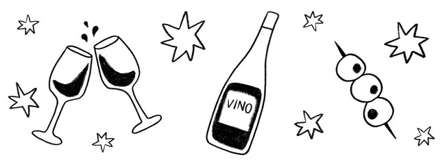 Hand drawn wine glass, vino bottle and olives on cocktail stick vector illustration collection set simple drawing modern design elements party celebration drink icons black color