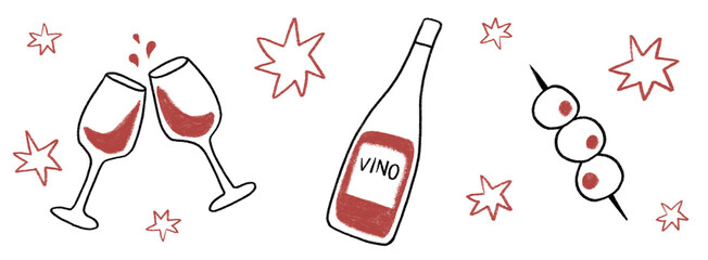 Hand drawn wine glass, vino bottle and olives on cocktail stick vector illustration collection set simple drawing modern design elements party celebration drink icons red and black color