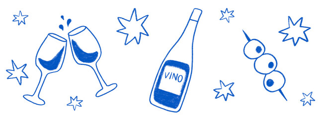 Hand drawn wine glass, vino bottle and olives on cocktail stick vector illustration collection set simple drawing modern design elements party celebration drink icons blue color