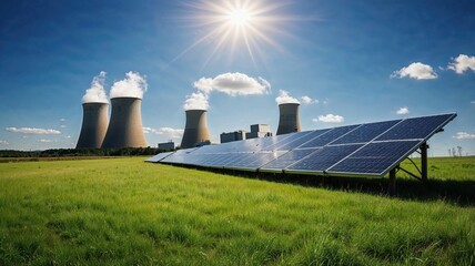 Contrasting energy sources with solar panels in lush green field against backdrop of nuclear power plant cooling towers. Bright sunburst illuminates blue sky, 