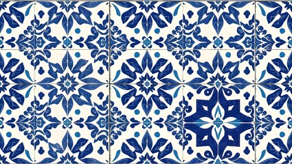Intricate Blue and Gold Floral Tile Pattern with Ornate Geometric Design