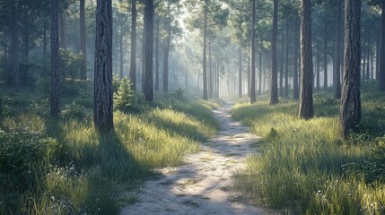 Fototapeta premium Misty Forest Path Sunlit Trail Through Tall Trees