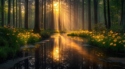 Fototapeta premium Golden Sunlight Streams Through Misty Forest