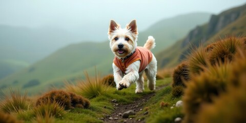 A Happy Small Dog in an Orange Vest Joyfully Runs Across a Lush Green Mountain Path