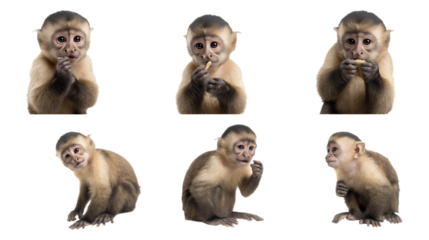 A set of six images, each depicting different poses and expressions of the same capuchin monkey eating food