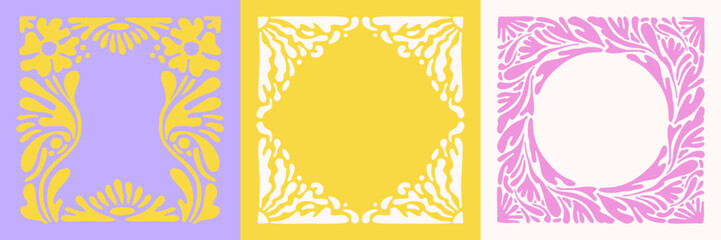 Vector illustration in simple naive and hippie groovy style, flowers and plants, floral botanic hand drawn design templates, frames and modern art prints, posters and placards with copy space