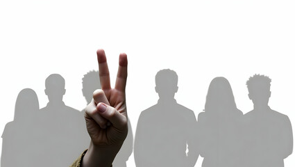 Fototapeta premium Protest two fingers crossed subtly while standing in group setting, silent act of hope or defiance, isolated white background (1).jpg