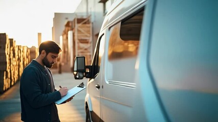 Home delivery of goods from the store warehouse. Logistics, cargo transportation. A car with boxes of goods. The delivery man will mark the list of received goods