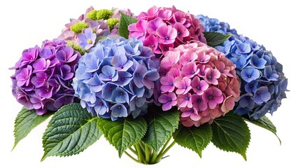 Fototapeta premium Beautiful bouquet of colorful hydrangeas in full bloom, isolated on white