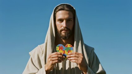 Man holding heart autism awareness symbol. Jesus holding a heart of puzzle pieces for support autistic children. Charity and hope in unique identity. - Powered by Adobe