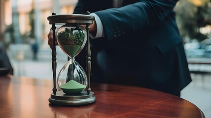 an elegant hourglass with green sand sitting on a polished wooden table. In the background, someone wearing a dark blue business suit with a white shirt is visible, though their face isn't shown