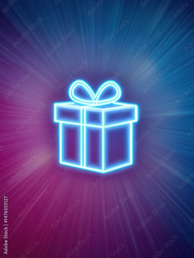 Poster glowing present icon illuminated in bright neon against a vibrant radial gradient background showcas