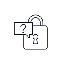 Lock with a question how to open it. Overcoming problems. Help in solving the task. Vector linear icon illustration isolated on white background.