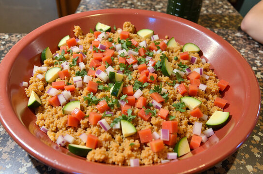 Large orange ceramic bowl filled with a colorful salad.