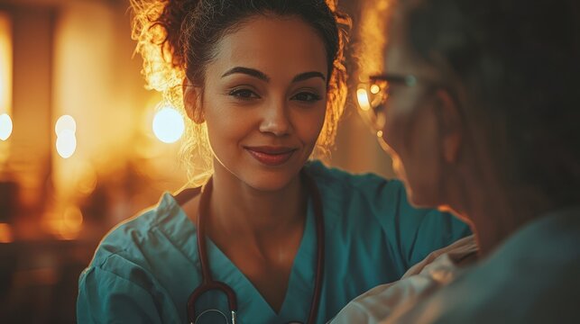 Warm, empathetic image of a female nurse caring for an elderly patient. Perfect for healthcare, medical, and well-being related projects. Ideal for websites, brochures, and social media.