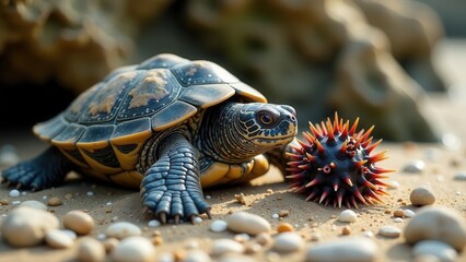A small turtle explores a sandy beach near a spiky orb, sunlight illuminating the scene