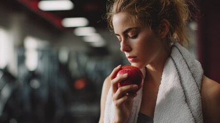 Fototapeta premium Woman holding red apple in gym setting, with towel draped around her neck, appears thoughtful and focused on her healthy lifestyle