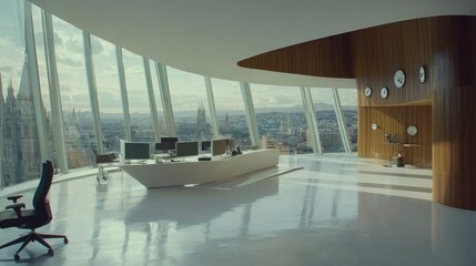 Modern, panoramic city office interior design.