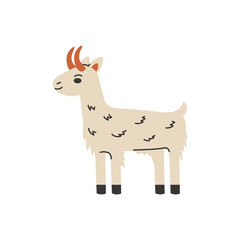 White Goat Vector Illustration. Cute fluffy horned Farm animal in cartoon flat style. 