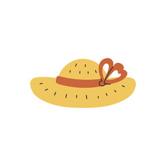 Straw Hat with Ribbon. Yellow rustic headwear with brown tied bow. Rural farmhouse design element. Vector illustration flat