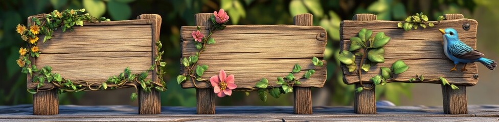 Rustic Wooden Signs Decorated with Flowers and Vines
