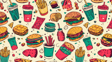 Colorful doodle background with various fast food items like burgers, fries, pizza, and soda, seamless food pattern background illustration.