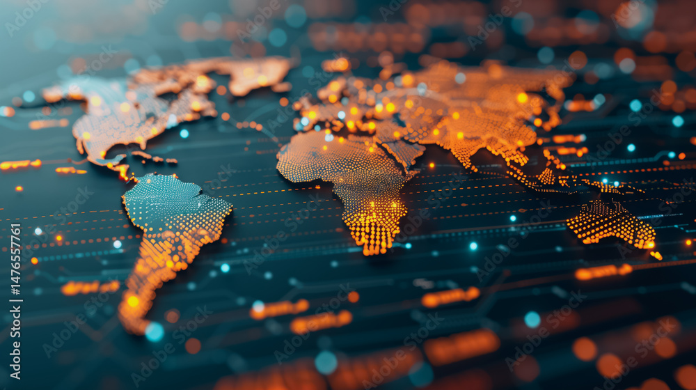 Poster digital world map: a detailed digital world map with intricate network connections, illustrating the
