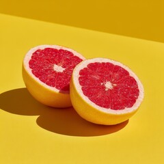 Two Halves of Vibrant Pink Grapefruit, Dimpled Skin, Isolated on Yellow, Natural Vitamin C Source
