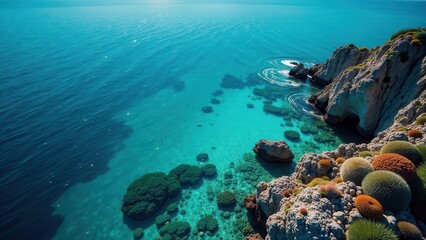 Coastal Cliffs and Vibrant Turquoise Waters A Stunning Aerial View of a Secluded Cove with Unique Coastal Vegetation