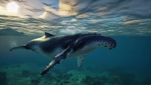 Humpback whale at sunrise, split-level ocean view, gliding with moving sunlight and clouds