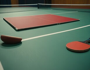 Close-up of table tennis paddles next to a red and green ping pong table.